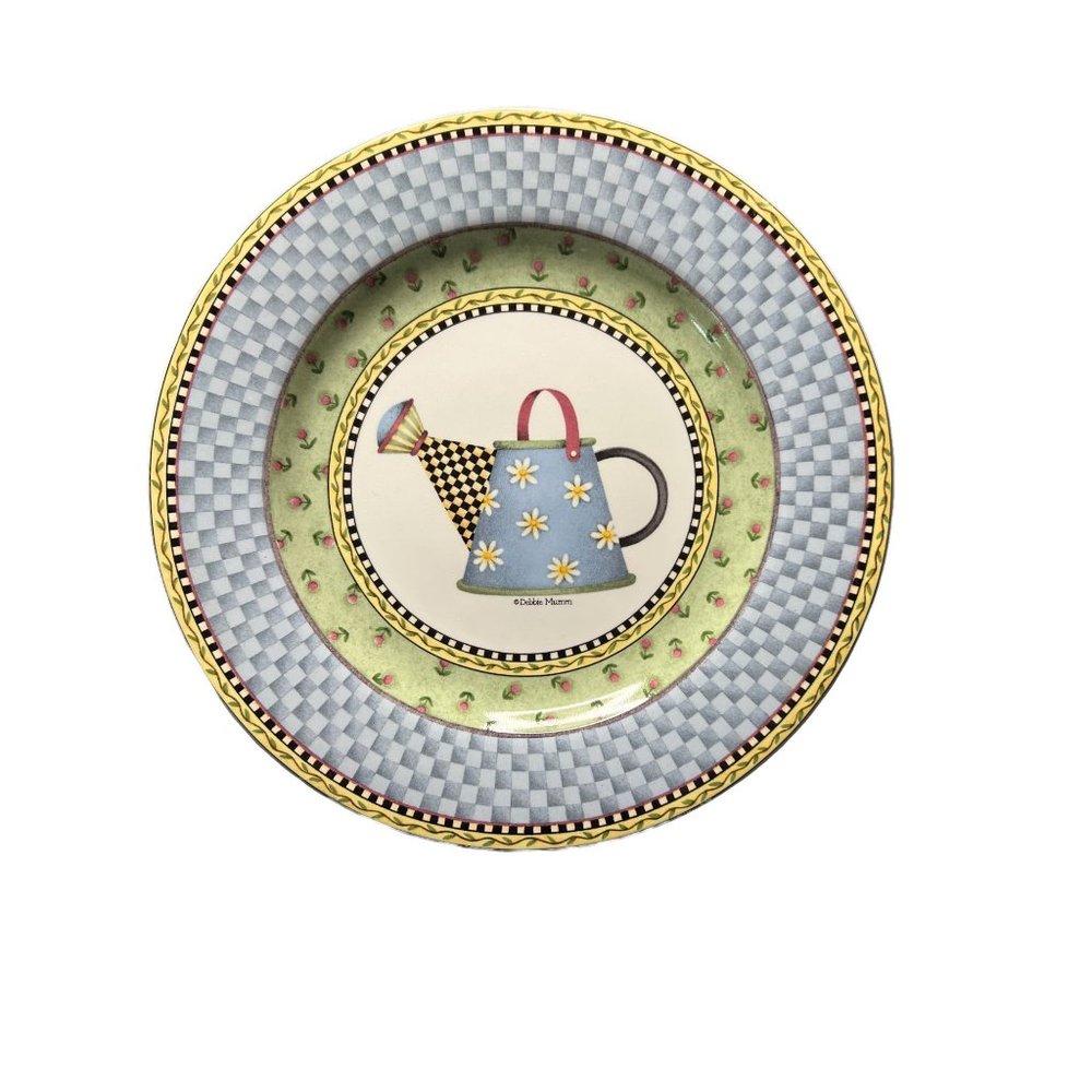 Vintage 1999 Sakura Debbie Mumm salad plate Watering Can daisies checkerboard 8"